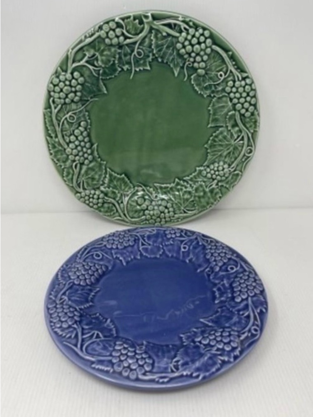 Pair of Bordallo Grape Ceramic Plates in Green and Blue